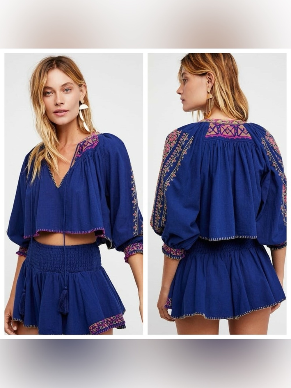Free People Indigo Embroidered Peasant Crop Top Boho Shirt
